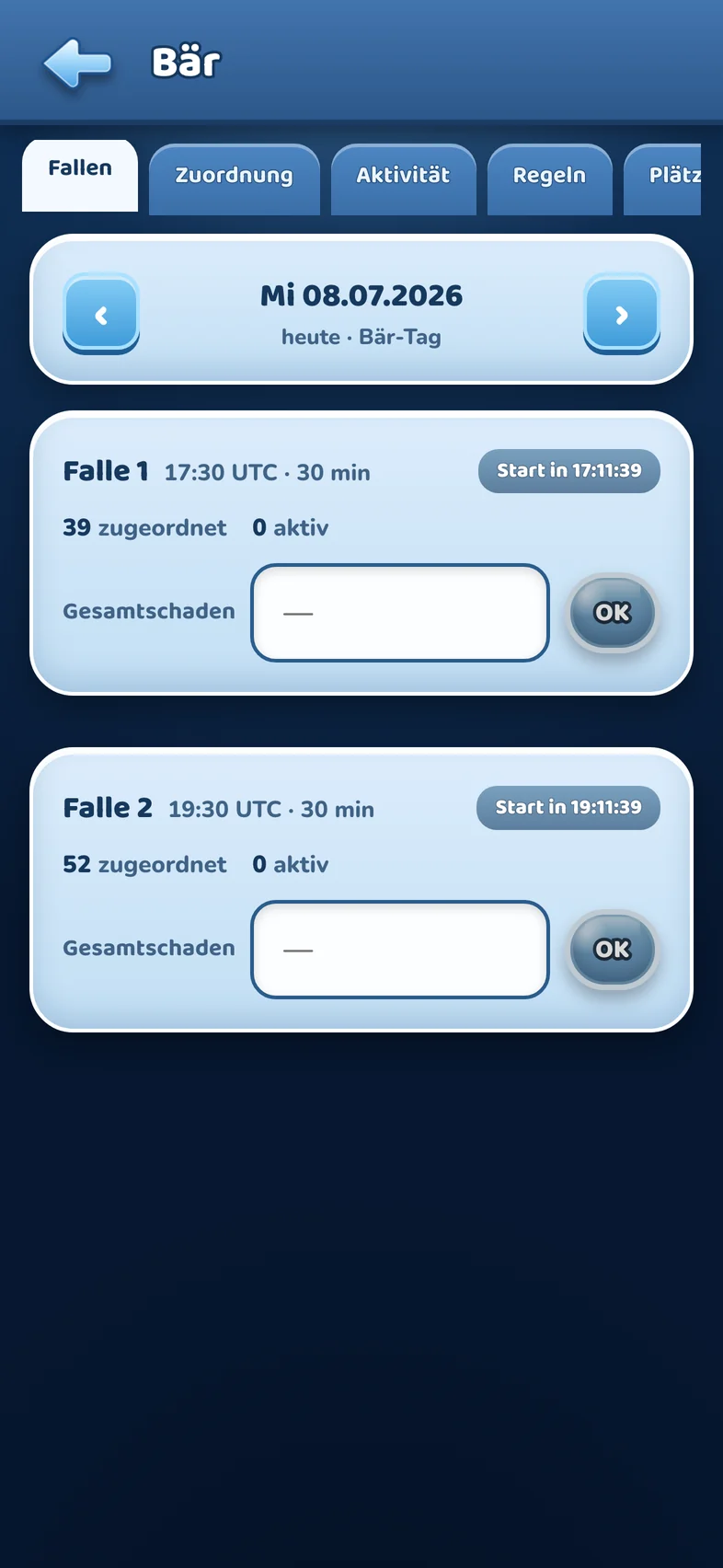 Bär-Modul: zwei Fallen mit Live-Countdown, Zuordnung und Gesamtschaden