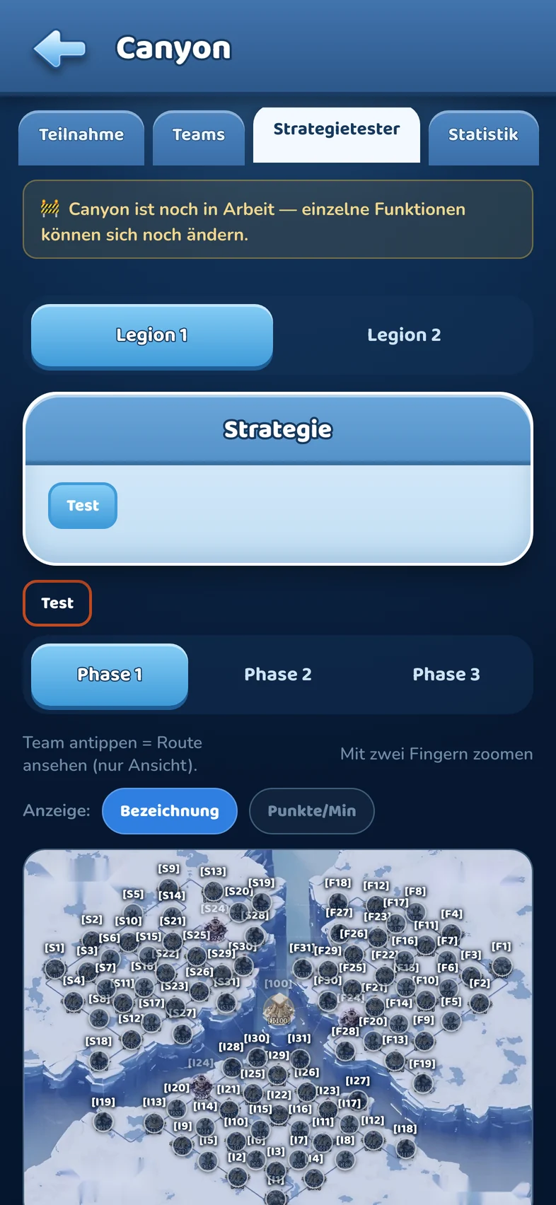 Canyon-Strategietester: echte Karte mit 94 Gebäuden und drei Seiten