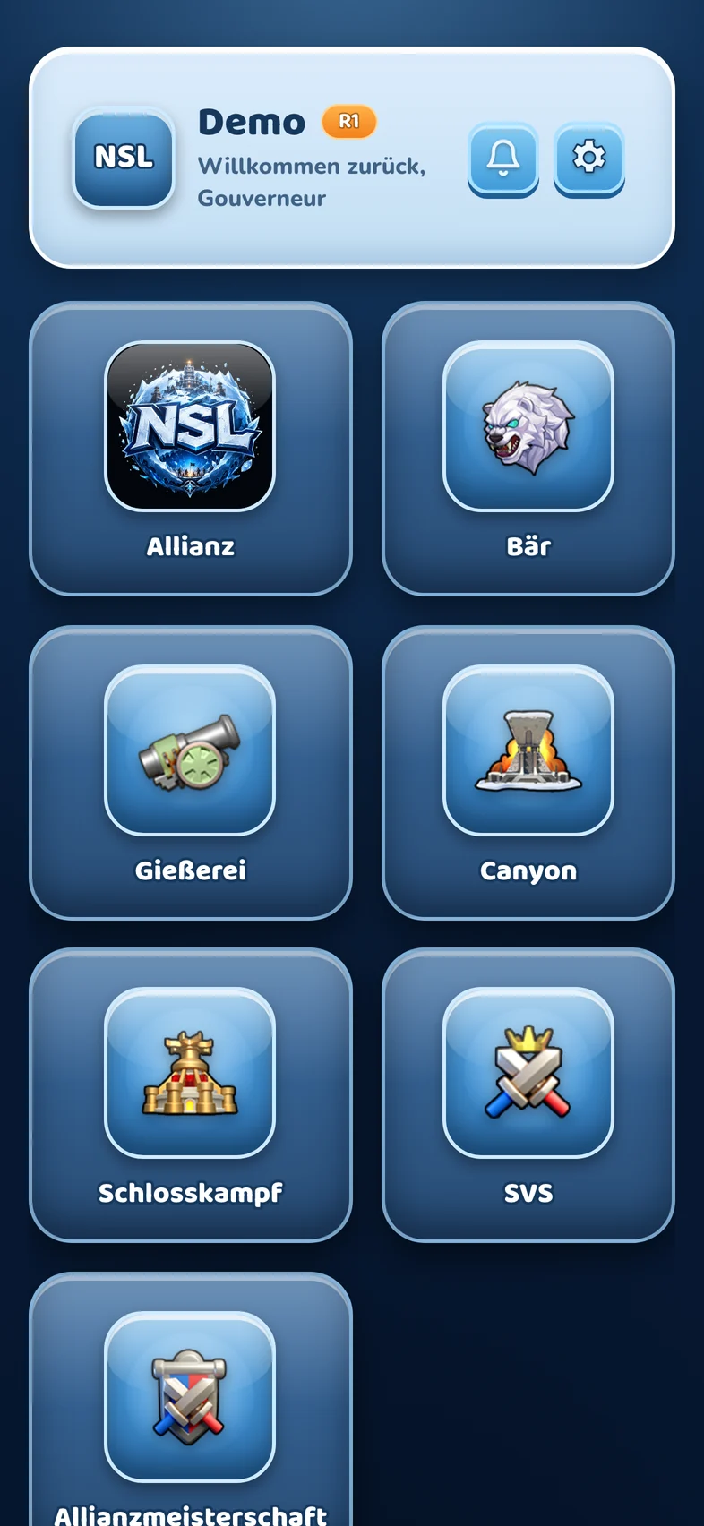 Dashboard mit allen Modulen der NSL App